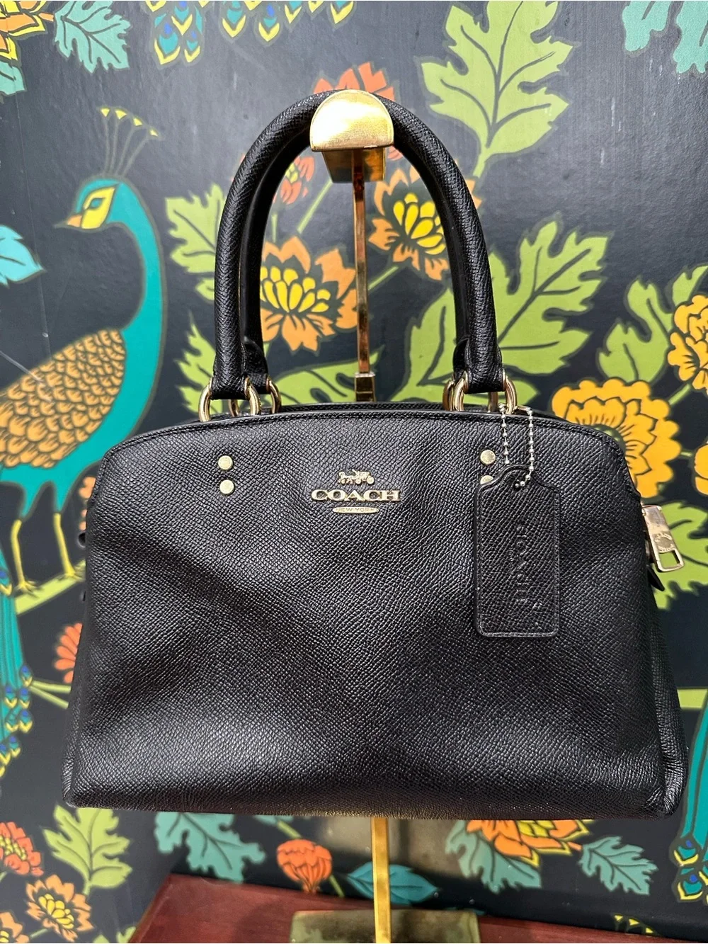 Coach Mini Lillie Carryall Black Crossgrain Leather Satchel Gold Hardware F57545